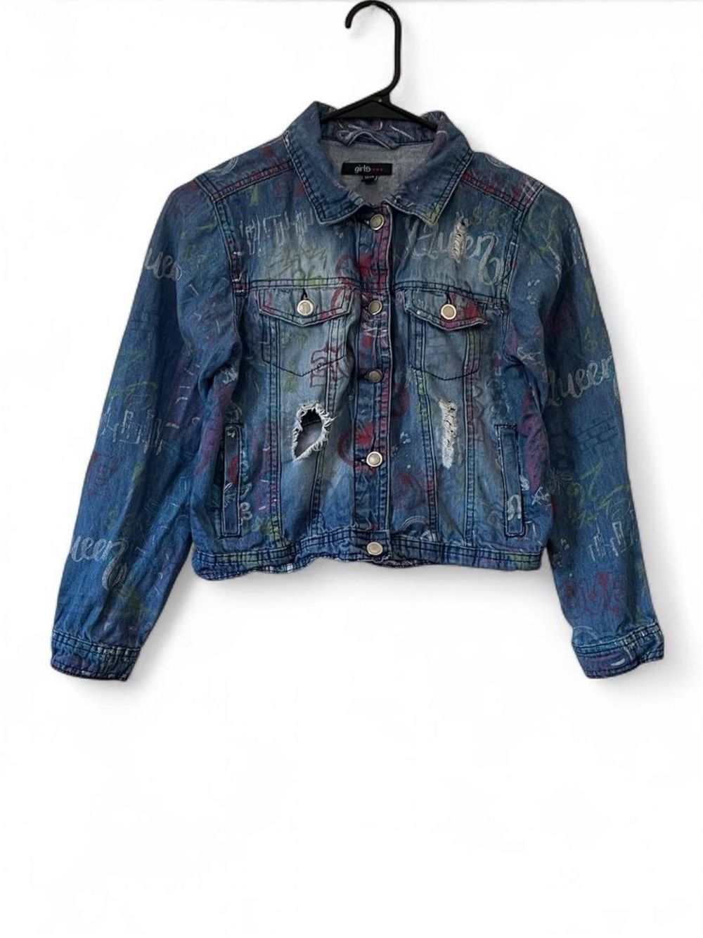 Girls Large Denim Jacket Full Button Up Graffiti Grunge Streetwear 10/12 Girls